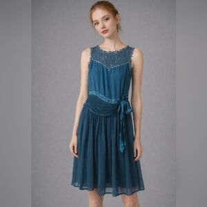 Tara Jarmon Teal Sleeveless Silk Midi Dress with Lace Trimmed Yoke Size 2